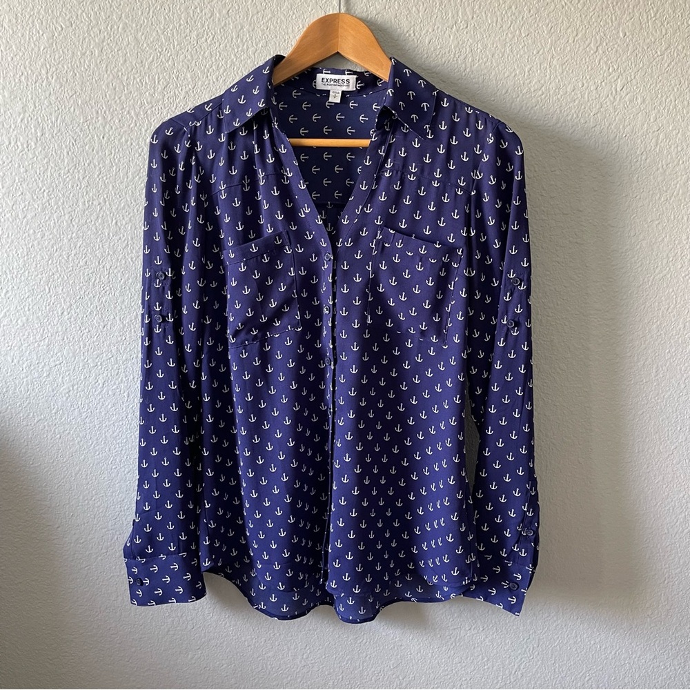 Express Navy Blue Button-Down Shirt with White Anchor Print